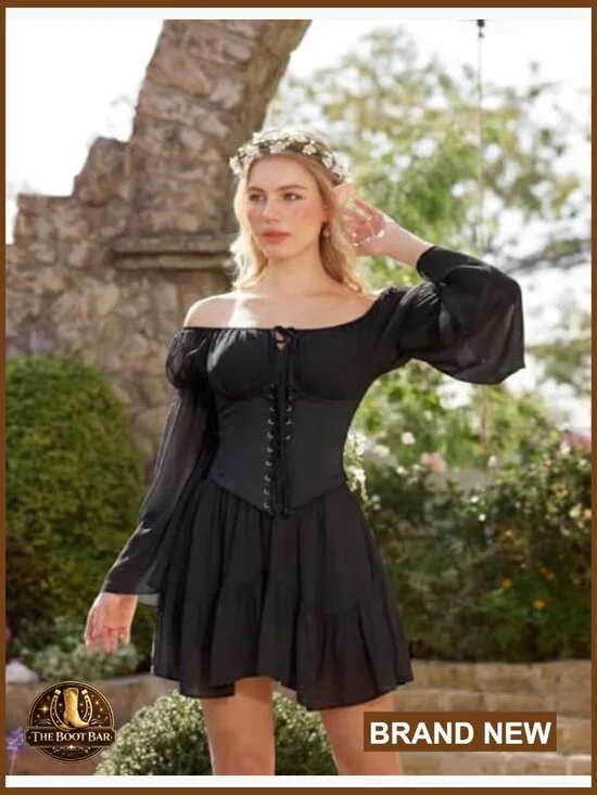 Renaissance Corset Top Off Shoulder Long Sleeve Blouse Slim Fit Polyester - Picture 5 of 7